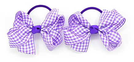 PrettyBoutique Pair of 3 Inches Girls School Gingham Knot Bow Hair Alligator Clips Bobbles Elastics Ties (3mm Bobbles, Purple)
