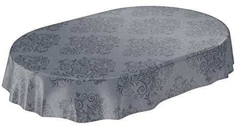 ANRO Wachstuchtischdecke Wachstuch Wachstischdecke Tischdecke abwaschbar Ranken Barock Arabeske Anthrazit Oval 140 x 180cm eingefasst