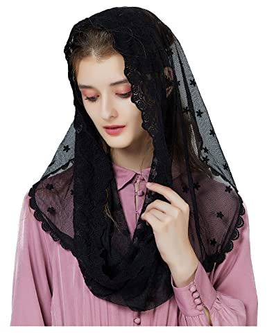 BEAUTELICATE Damen Mantilla Katholisch Schleier Spitze Kapelle Schal Stola Kopfbedeckung Spitze Schwarz Weiß für Katholischen Kirche Latin Mass kirchliche Hochzeit Braut V104 Schwarz