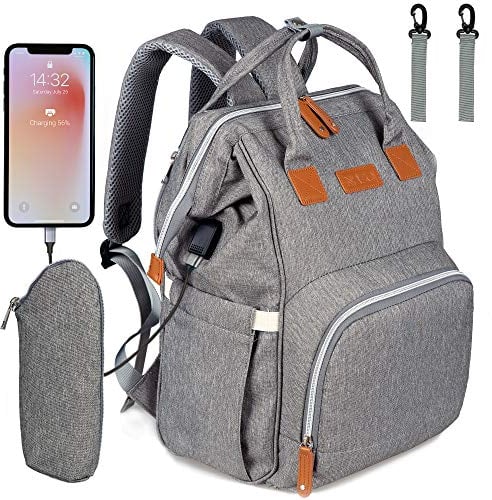NEVEQ Baby Wickelrucksack, Babytasche für Reise, Wickeltasche Große Kapazität, Multifach Reise Rucksack Wasserdicht Fächer Babyflaschehälter (Grau und Braun)