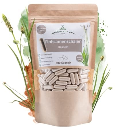 MICROFLORANA® - Flohsamenschalen Kapseln - 400 Kapseln - 3.660 mg hochdosiert je Portion - Laborgeprüfte Qualität - Indischer Flohsamen - Frei von Zusätzen - Psyllium Husk - Leichte Dosierung