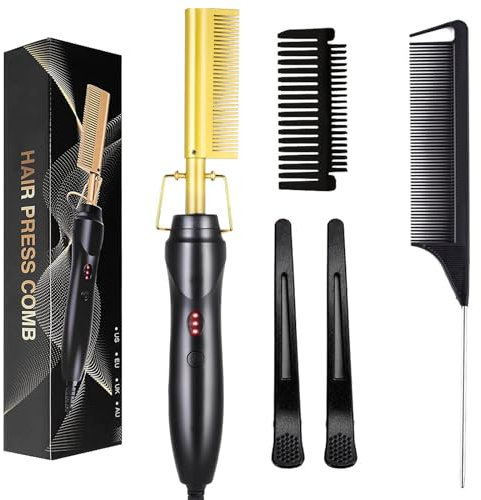 Hot Comb, Electric Hot Comb Hair Straightener for Wigs, Professional Ceramic High Heat Press Comb, Multifunctional Copper Hair Curler, Portable Anti-Scald Beard Straightener- Gold