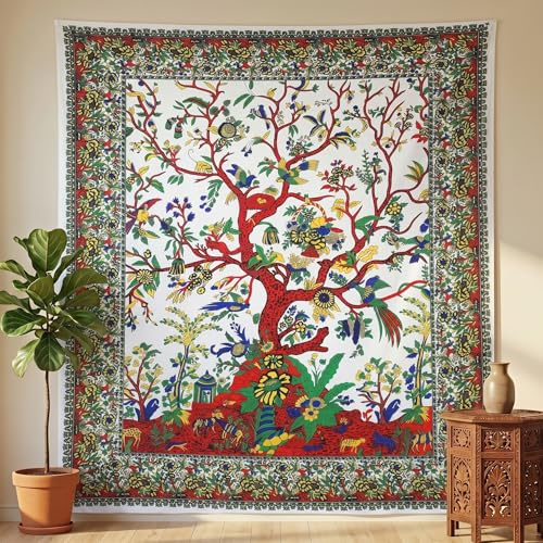 THE ART BOX Wandteppich Weißer Baum des Lebens Wandbehang Psychedelische Wandteppiche Indische Baumwolle Twin Tagesdecke Picknickplatte Wanddekor Decke Wandkunst (Mittel, 60x54 Zoll)