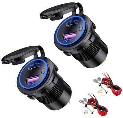 Thlevel USB C Car Charger Socket Dual Power Outlet PD & QC 3.0 Fast Charge Waterproof with Switch for 12V 24V Marine Boat Motorcycle Truck 2PCS
