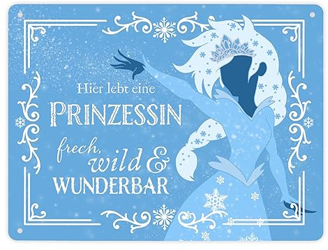 Hier lebt eine Prinzessin Metallschild XL in 21x28 cm mit Eisprinzessin Dekoration Mädchen Kinderzimmer Geschenkidee Schnee Königstochter Königreich Türschild frech wild und