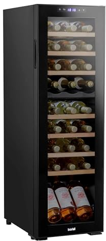Baridi 27 Bottle Dual Zone Wine Cooler, Fridge with Digital Touch Screen Controls, Wooden Shelves & LED Light, Black - DH90