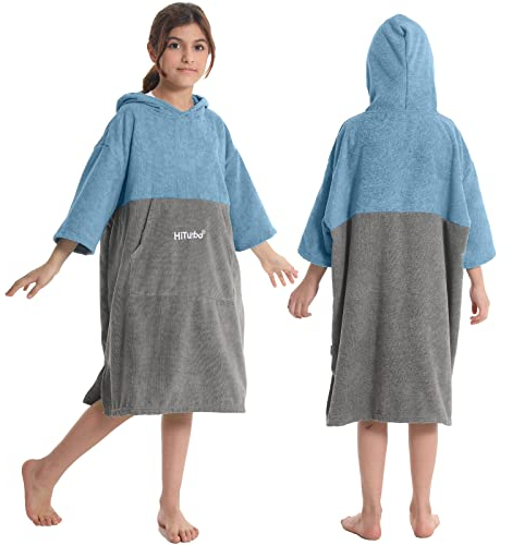 Hiturbo Bata cambiadora para niños, poncho absorbente con capucha, para playa, baño, surf, actividades en interiores y exteriores (azul/gris)