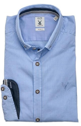 PURE Slim Fit Trachtenhemd Langarm Button Down Kragen Karo hellblau Größe L