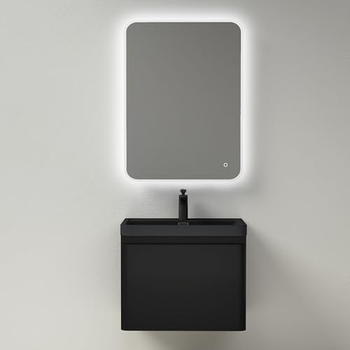 Mai & Mai Badmöbel-Set Waschbeckenunterschrank 60x42x50cm in Matt Schwarz mit Softclose Schubladen inkl. Mineralguss Waschbecken und LED-Spiegel Ancona