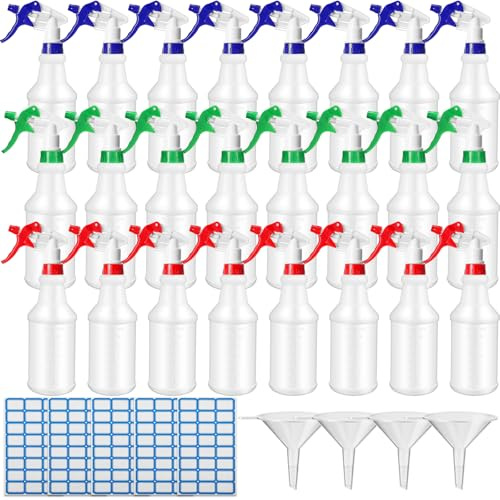 Zubebe 24 Pack 32 oz Plastic Spray Bottle Bulk Empty Leakproof Heavy Duty Spray Bottles for Cleaning Supplies Mist Bottles with Label and Adjustable Nozzle for Plant(Blue, Red, Green,Clear Scale)