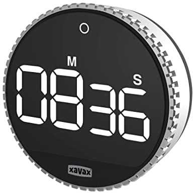 Xavax Minuteur 'Rotation' (Timer numérique, Ecran LED, Chronographe, Compte à Rebours, Touche Tactile, 3 volumes, Mode Economie Energie) Argenté/Noir