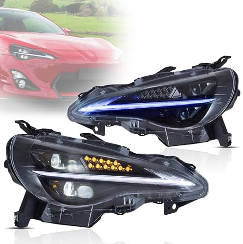 VLAND LED Projector Headlights for Toy+ota GT86 FT86, Subaru BRZ FRS 2013-2020, Front Headlamp with Sequential Indicator, w/Blue to White Startup Animation, for RHD/Driver is on the right