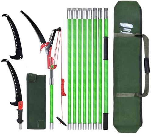Scie à élaguer avec manche, 8 m, longueur réglable, kit d'outils de jardin, palmier, élagueuse, tige haute portée avec sac de transport, coupe propre et rapide pour les branches hautes (comprend des