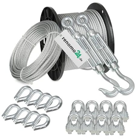 Renomo24 Drahtseil Set 5 - Stahlseil 50m 8mm 6x19 verzinkt, 2x Spannschloss Haken/Öse, 8x Bügelklemmen, 8x Kauschen