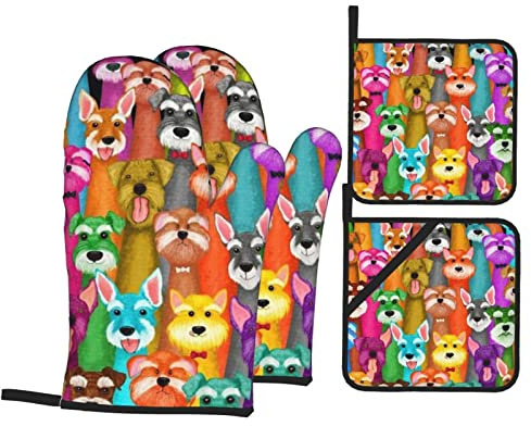 Ofenhandschuhe und Topflappen mit Hundemotiv, hitzebeständig, wasserdicht, zum Backen, Kochen, Grillen, 4 Stück