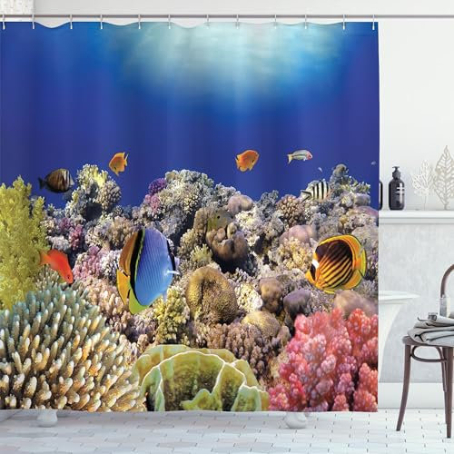 ABAKUHAUS Ozean Duschvorhang, Wilde Unterwasserwelt farbenfrohe Korallenriffe exotische Fische Bali Indonesien, Stoffliches Gewebe Badezimmerdekorationsset mit Haken, 175 x 180 cm, Braun Blau Orange