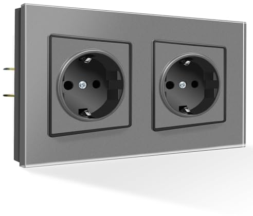 PANGTZEEN Schuko Steckdose mit Kralle 2 Fach Glas Rahmen 153mm Doppel Wandsteckdose 16A Unterputz Zwei Befestigung Stil Einbausteckdose Grau Für Wohnzimmer, Schlafzimmer, Küche, Büro