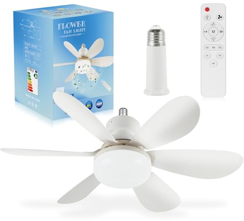 OKYUK Ventilator Deckenleuchte, Deckenventilator mit Beleuchtung, zeitliche Koordinierung, dimmbare Farbtemperatur, E26/E27-Sockel, 48 cm kleiner Fernbedienung Leise Ventilator Deckenlampe (Weiß)