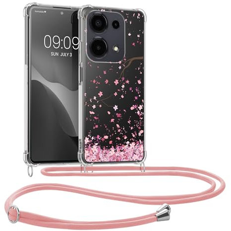 kwmobile Necklace Case kompatibel mit Xiaomi Redmi Note 13 Pro 4G Hülle - Silikon Cover mit Handykette - Rosa Dunkelbraun Transparent Kirschblütenblätter