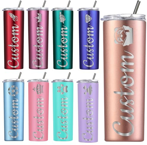 Amlion Personalisierter Becher – mit Lasergravur des Namens, 20 oz Edelstahlbecher, schmale Becher mit Deckel und Strohhalm als Geschenk für Frauen und Männer – 13 Farben und 42 Symbole