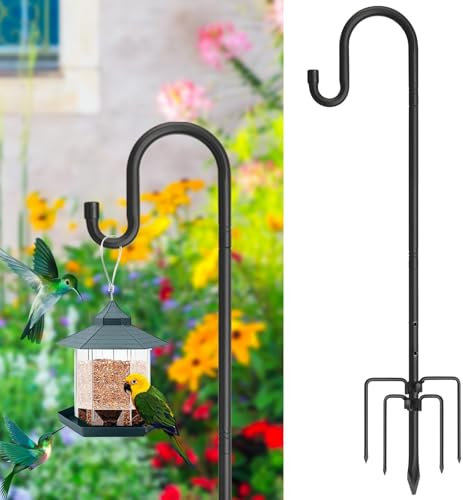 Starbover Bird Feeder Pole, 156cm Shepherds Hooks Heavy Duty 5 Prongs Base, Garden Bird Feeders Hanging Station Metal Adjustable, Hanger Crooks Stand for Lights Lantern Wedding Decoration, Black