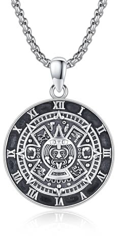 YueYuan Azteken Halskette 925 Sterling Silber Maya Kalender Anhänger Schutzsymbol Kette Runen Schmuck Geschenke für Herren