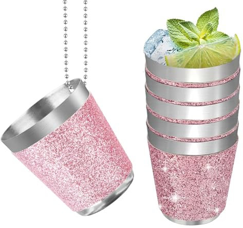 Ruikdly Lot de 6 gobelets à shot en métal à porter autour du cou - 30 ml - En acier inoxydable - Rose - Avec chaîne - Pour mariage, enterrement de vie de jeune fille, carnaval, dégustation de vin