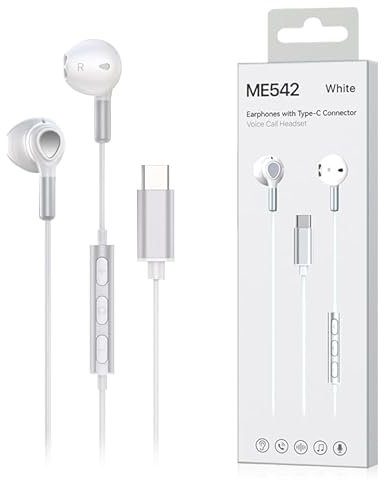 USB-C Wired Earbuds with Mic, HiFi Stereo Type-C Headphones with Volume Control | Compatible with iPhone 15/15 Pro Max, Samsung Galaxy S23/S22/S21, S20 FE, Z Flip/Fold – White