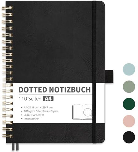 RETTACY Notizbuch A4 Dotted, Bullet Dot Journal mit 100 g/m² Dickem Papier, 55 Blatt, Notebook für Büro und Schule, Lederhülle, Schwarz, 21 cm x 29.7 cm