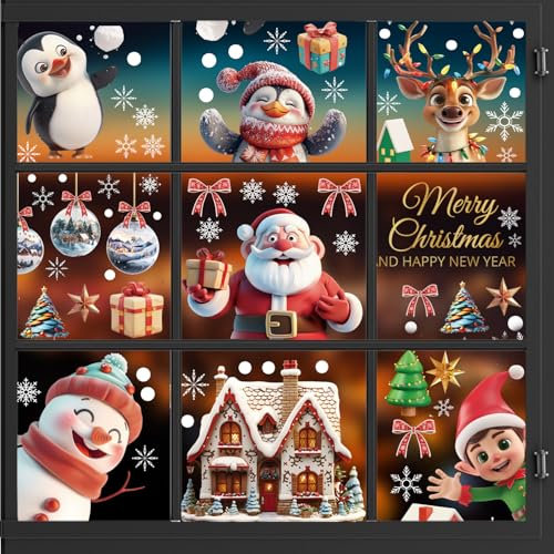 Weihnachten Fensteraufkleber, 9 Blätter 95 PCS Weihnachtsfensterbilder Selbstklebend PVC Wiederverwendbar Statisch für Winter Fenster Weihnachten deko