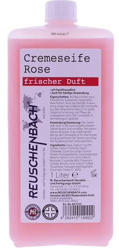 Reuschenbach Cremeseife Rose 1 Liter – pH-hautfreundlich, Handseife dermatologisch getestet, für häufige Anwendung – rückfettend, für handelsübliche Seifenspender geeignet
