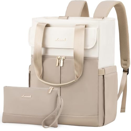 LOVEVOOK Rucksack Damen Groß, 15,6 Zoll Laptop Rucksacktasche Schulrucksack Teenager, Wasserdicht Arbeitstasche Handtasche 2 in 1, Lehrertasche Tagesrucksäcke für Reise Uni Business, Beige Khaki