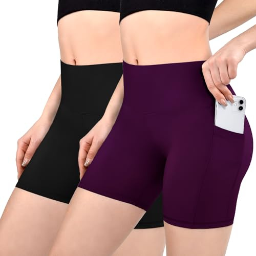 Sanpetix 2 Pack Radlerhose Damen mit Taschen Sporthose Schwarz violett LXL
