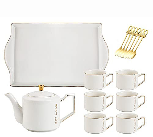 asdchZen Porcelain Coffee Service Set White Tea Sets With Tray Teaspons, Tea Cup Teapot With 6 Cups, Modern Tea Service For Tea Coffee Water