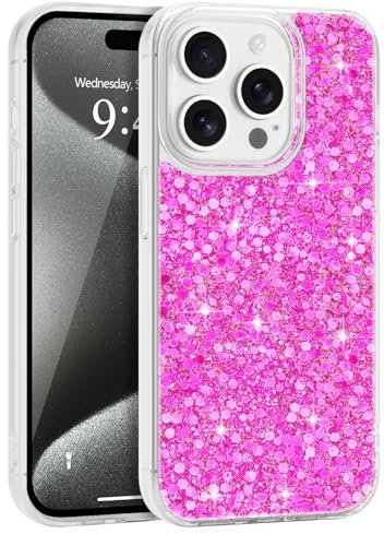 LCHULLE Designed for iPhone 15 Pro Max Case,Women Girls Glitter Bling Shockproof Bumper Cover,Cute Sparkly Shiny Slim Fit Protective Phone Case for iPhone 15 Pro Max 6.7 inch,Hot Pink