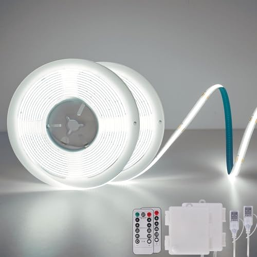 COB LED Strip Lights, Battery Operated with Remote Control, 2 m 640 LED Light Strip, Dimmable, Cuttable, Flexible LED Strip Light for TV, Car Decoration, (6000 K Cool White, Pack of 2)