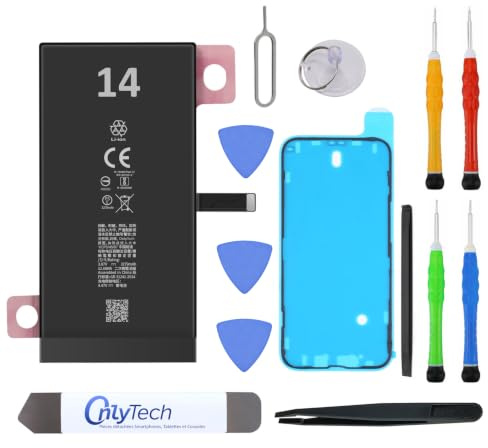 OnlyTech - Premium-Ersatzakku für iPhone 14-3279 mAh, identische Qualität – Set mit 12 professionellen Werkzeugen und Displaykleber inklusive