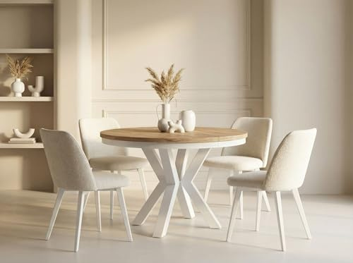 WFL GROUP Runder Ausziehbarer Esstisch im Loft-Stil - Industrieller Tisch mit Weißen Metallbeinen - Platzsparender Tisch für Wohnzimmer - Craft Eiche - 120 bis 200 cm