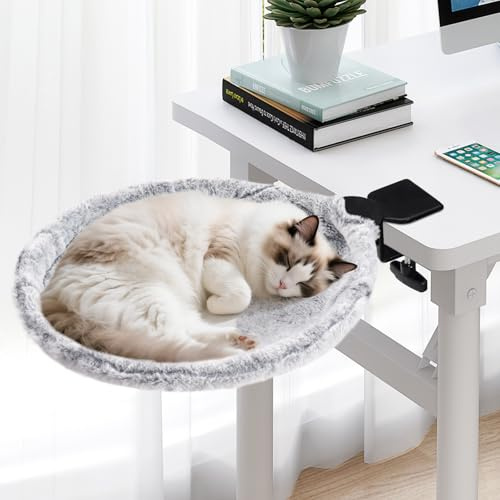 Uross Katzenbett für Schreibtisch - 360° drehbar & höhenverstellbar, weiches Katzenhängematte mit 2 waschbaren Bezügen Katzenschlafplatz für Homeoffice - Ganzjahresnutzung (Grey)