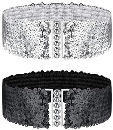 LINTRA 2 Stück Glitzer Gürtel, Pailletten Gürtel Damen Breit, mit Legierungsschnalle Taillengürtel Breit, für Kleid, für Party, Alltag, Geschenk, Silber und Schwarz