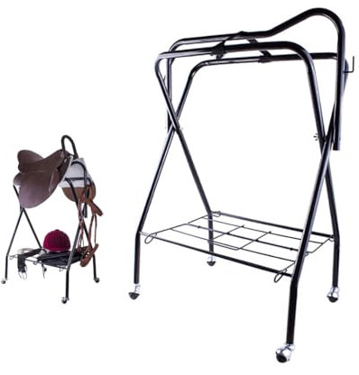 Tragbares Sattelgestell mit Rädern,Freistehender Faltbarer Sattelständer mit Haken für Zügel für Zuhause Oder Im Stall,Rollender Stahl-Pferdeanhänger-Organisator Reitsportz(Size:W/Räder,Color:schwarz)