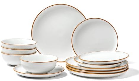 VEVOR Dinnerware Set, Service for 4 People, Round Plates and Bowls Sets, Scratch Resistant Ceramic Dinner Ware, Dishwasher and Microwave Suitable Kitchen Dishes, for Dessert Salad Soup Pasta, White