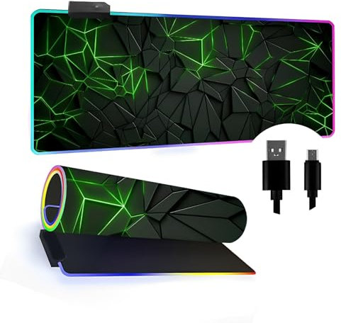 FANSU Gaming Mouse Pad, RGB Extra Large Mouse Mat, 3D Geometry LED Light Up Desk Pad with Non-Slip Rubber Base Surface Computer Keyboard Mousepad for Game Lover (Green,700x300x4mm)