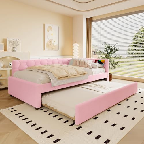 Letto imbottito con letto estraibile 90 x 200 cm, divano letto con illuminazione a LED e rete a doghe, funzione di ricarica USB e tipo C, per bambini, in tessuto di velluto, senza materasso (rosa, 90