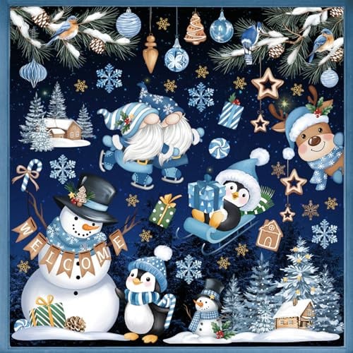 wondever Fensterbilder Weihnachten Pinguine Schneemann Blau Weihnachtsdeko | Wiederverwendbar, Doppelseitig Statisch PVC Fensterdeko, Fensterfolie weihnachten selbstklebend für Winter Innen Dekoration
