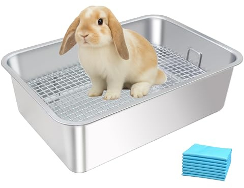HUQIZOO Große Kaninchentoilette aus Edelstahl, Hasentoilette mit Gitter, Toilettenschale, hohe Rückwand, Tiefe Abfallaufbewahrung (mittel)