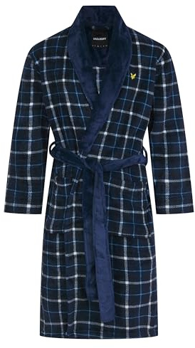 Lyle & Scott Men’s Cassidy Check Print Bath Robe – Soft Dressing Gown with Embroidered Golden Eagle Logo (UK, Alpha, XXL, Regular, Regular, Peacoat Check)