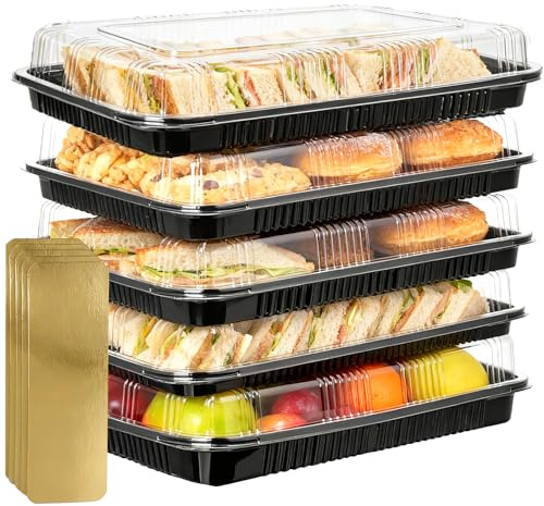 Houbobo Reusable Sandwich Platter Trays - 5 Pack Premium PP Serving Platters, Buffet Trays with Lids for Party Food, Sandwiches, Cake (34cm x 24cm)