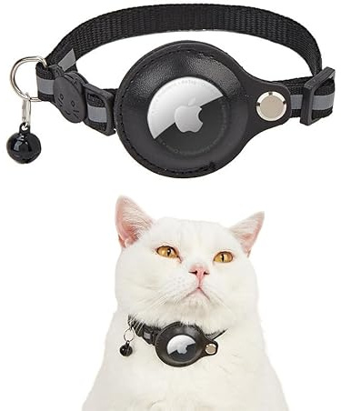 Exclent Reflektierendes Apple AirTag Katzenhalsband, verstellbares Nylon mit Glöckchen, 1 cm x 32,5 cm, Sicherheit bei Nacht (schwarz)