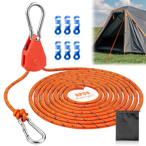 Corde à Cliquet Réglable 4M 6PCS Prota Cordes à Cliquet avec Crochet Corde de Tente Réfléchissante de Camping pour Plantes et Les Pots de Jardinage Camping Tente Randonnée (Orange-6PCS)